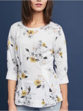 Anthropologie T.La Rooney Floral Printed Pleated Tee Top White Size S